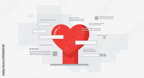 Red Heart Symbol Surrounded by Abstract Digital Elements and Notifications