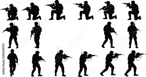 Soldier silhouette vector set featuring various tactical military poses and combat positions isolated on white background for defense and security.