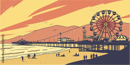 USA, US, U.S, United States - Santa Monica Pier colorful ferris wheel sunset beach panorama
