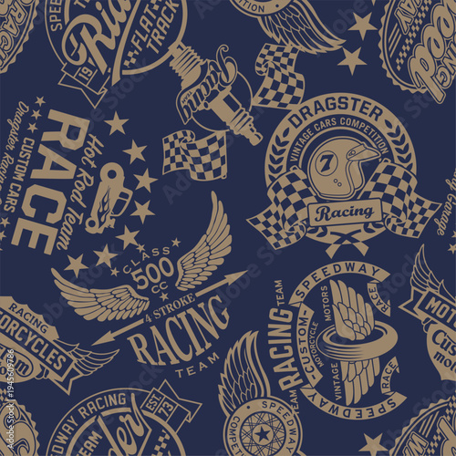 Speedway racing team labels badges patchwork wallpaper vintage vector seamless pattern for boy man sportswear t shirt fabric sweatshirt 