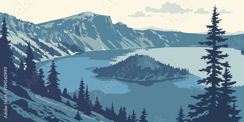 USA, US, U.S, United States - Crater Lake deep blue volcanic lake panorama
