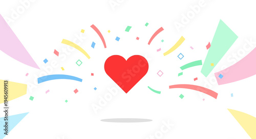 Red Heart Symbol with Confetti and Ribbons Explosion on White Background