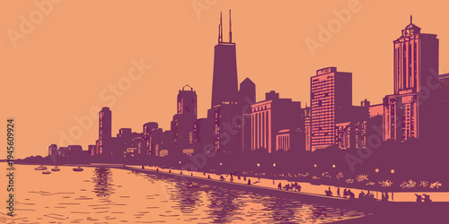 USA, US, U.S, United States - Lake Michigan Chicago skyline sunset waterfront panorama with glowing reflections
