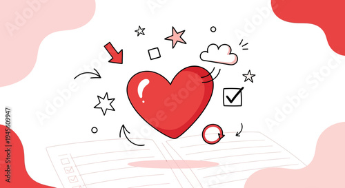 Red Heart Symbol with Doodle Icons and Open Notebook