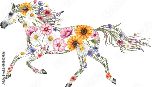 Colorful artistic illustration of galloping horse filled with flowers and plants, symbolizing nature, motion, creativity, fantasy, animal artwork, and decorative design projects