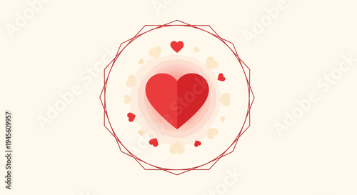 Red Heart Symbol with Geometric Frame and Small Hearts on Beige Background