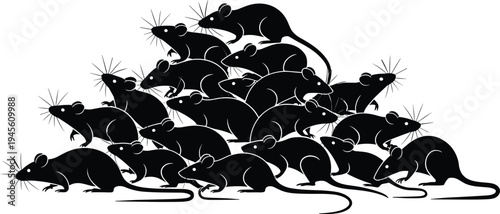 Rat infestation silhouette illustration, group of rodents swarm, pest control problem concept, mice colony, urban pest invasion vector