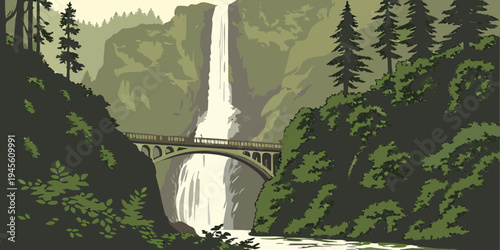 USA, US, U.S, United States - Multnomah Falls waterfall bridge panorama in forest
