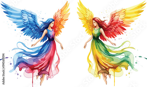 Colorful fantasy angel women with vibrant rainbow wings and flowing dresses, watercolor style illustration, mystical celestial characters isolated on white background for creative design