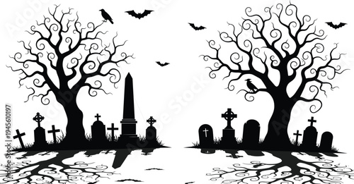 Spooky Halloween Cemetery Silhouette with Gnarled Dead Trees Bats Ravens and Gravestones Isolated on White Background for Gothic Holiday Vector Design