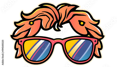 Trendy cartoon sunglasses with messy hair in colorful pop style illustration, isolated on transparent background, perfect for stickers, fashion graphics, youth designs, branding, posters and modern