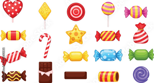Colorful illustration of assorted candies including lollipops, chocolate bars, wrapped sweets, and candy canes, symbolizing confectionery, desserts, festive treats, and creative artwork projects