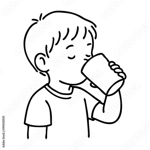 Dibujo sencillo con líneas de una niño bebiendo un vaso de leche