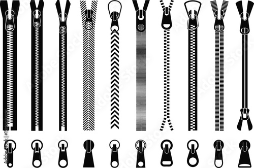 Zipper collection with sliders and pull tabs clothing fastener elements black silhouette sewing tailoring garment accessory vector illustration