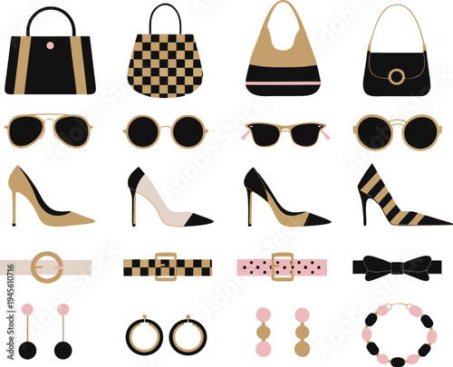 A collection of fashion accessories including handbags and jewelry