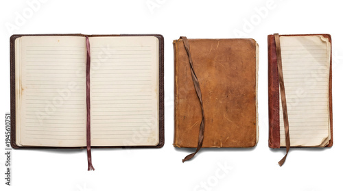 Quadro su tela antique stationery collection on a transparent background: an open lined journal, a closed, textured leather-bound book, and a small ruled notebook, viewed from above