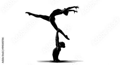 Silhouette of Acrobatic Pair Performing a Balancing Act in Studio.