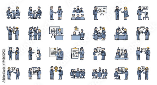 Twenty of business people interacting in various office settings with blue and gray color scheme