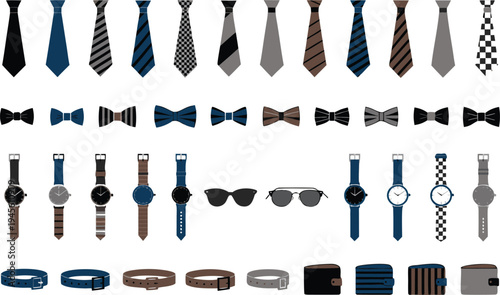 A collection of men's accessories including ties, bowties, watches, and bracelets in a flat vector illustration
