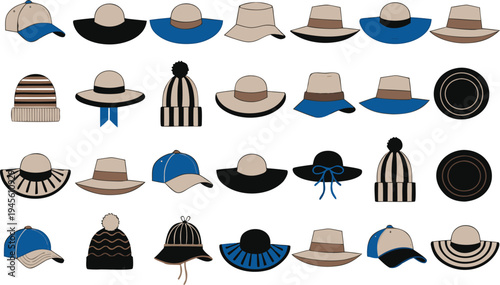 A collection of various hats and caps in different styles and colors