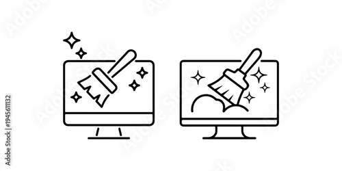 Two computer monitor icons with broom cleaning effect, symbolizing computer cleanup and optimization, digital hygiene concept