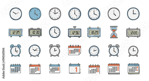 Twenty of clocks and calendars in blue gray orange and white alarm clocks digital clocks