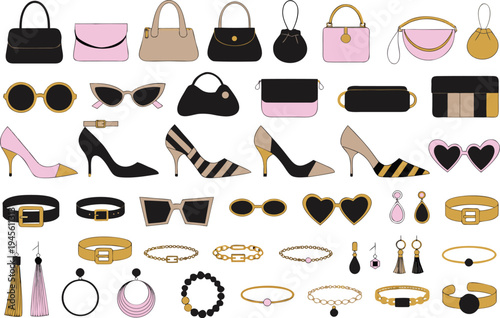 A collection of fashion accessories including handbags and jewelry
