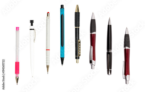 Clean arrangement of diverse writing instruments standing upright on a transparent background for office and learning.
