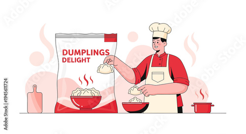 Chef preparing dumplings from packaging, culinary delight, food illustration