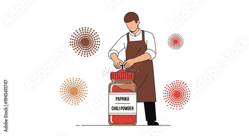 Chef preparing paprika chili powder seasoning for cooking, flat illustration