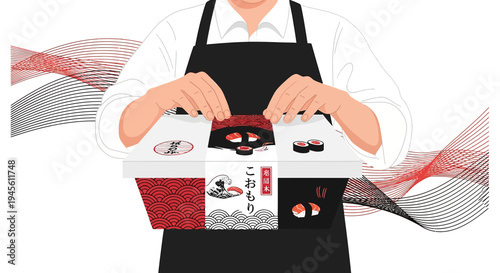 Chef Preparing Sushi Takeaway Box with Japanese Design