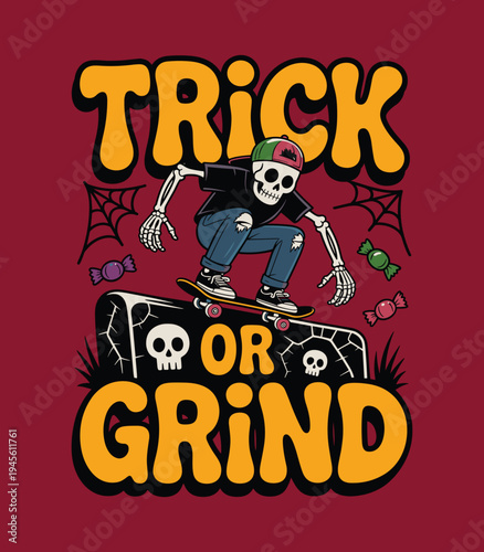 Halloween Skeleton Skateboarder Trick or Grind Graphic Illustration