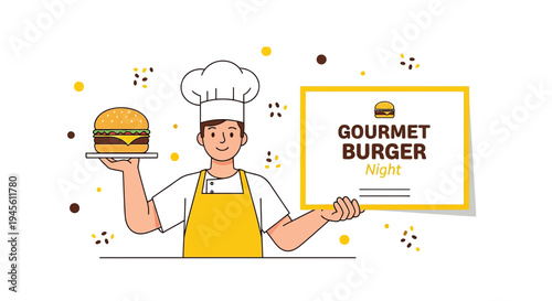 Chef Presenting Gourmet Burger with "Gourmet Burger Night" Sign - Flat Design