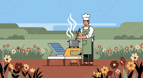 Chef Cooking Outdoors with Solar Oven and Campfire