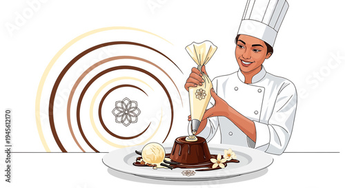 Chef Decorating Chocolate Dessert with Piping Bag, Vanilla Ice Cream, Vanilla Beans