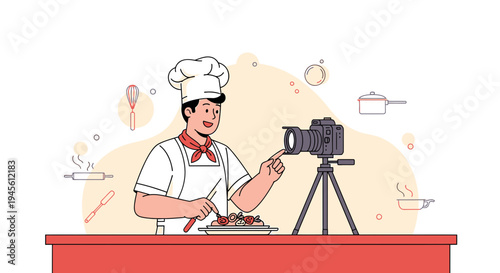 Chef Filming Cooking Show, Food Preparation, Culinary Blogger Recording Video