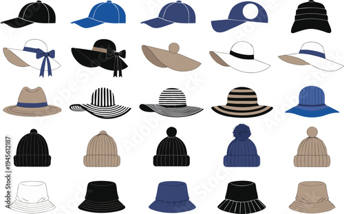 A collection of various hats and caps in different styles and colors