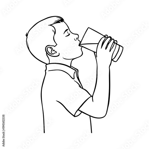 Dibujo sencillo con líneas de una niño bebiendo un vaso de leche