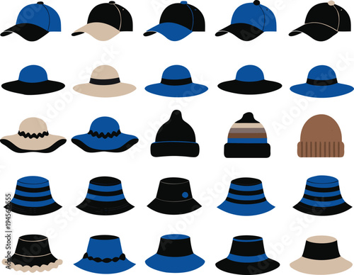 A collection of various hats and caps in different styles and colors
