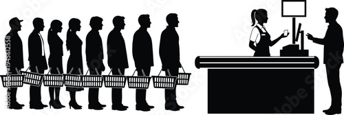 Customers standing in queue with shopping baskets at supermarket checkout counter silhouette vector illustration, retail store payment line concept isolated on white background
