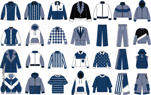 A collection of various clothing items in shades of blue and gray