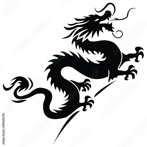  Stylish black dragon logo. Reptile monster dinosaur ancient creature beast minimalist black.