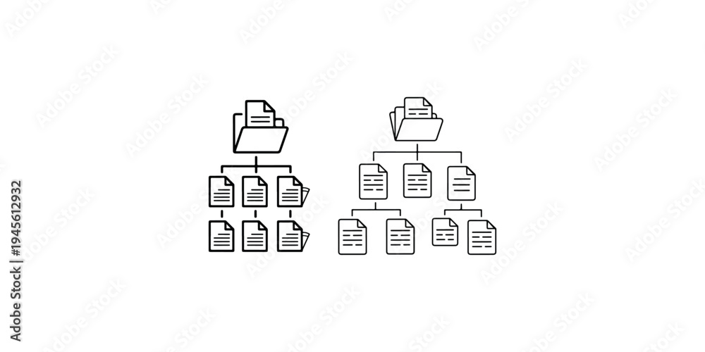 Fototapeta premium Document folder with multiple files below, depicting an organized data structure on a white background, representing file management