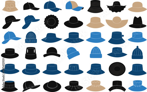 A collection of various hats in different styles and colors