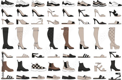 A collection of various high-heeled shoes and boots in a vector graphic illustration