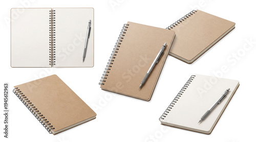compilation of five spiral notebooks with pens, presented on a transparent background for versatile design applications.