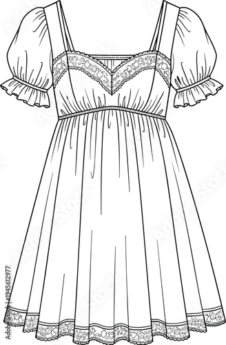 Detailed black and white illustration of vintage dress with puffed sleeves, lace trim, fitted bodice, and flared skirt, symbolizing fashion design, sewing patterns, and artwork projects