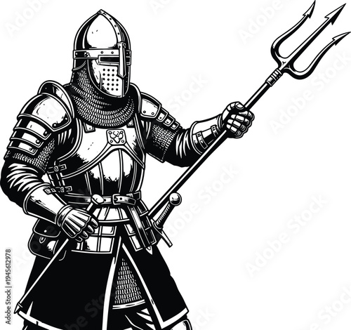 Detailed black and white illustration of medieval knight in full armor holding trident weapon, symbolizing history, warfare, protection, culture, tradition, and artistic artwork project
