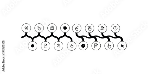 Timeline infographic with various icons representing different events or processes in a sequential flow on a white background
