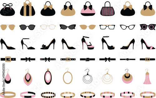 A collection of fashion accessories including handbags, shoes, glasses, belts, earrings, and bracelets in a flat vector illustration style